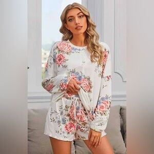 Pajama Lot Womens L Sleep Shirt Shorts Bottoms Fleece Ultra Soft Floral Set Lux